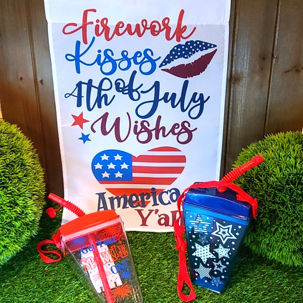 Yard flag and 2 beverage tumbler containers BUNDLE 4th of July NWT